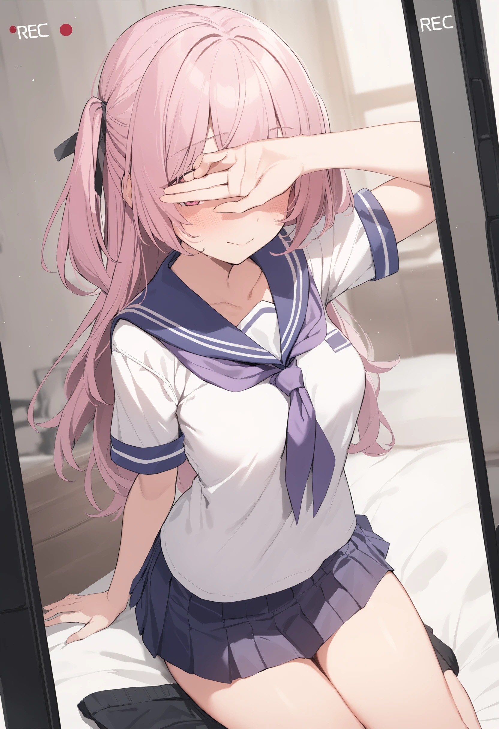 1girl,
<lora:coveringeyesXLv1:0.7>,covering eyes,cellphone, cellphone photo, recording,on bed,
pink hair, two side up hair,, pink eyes, blush,sailor collar, hair between eyes, long hair, medium breasts, miniskirt, pleated skirt, purple neckerchief, school uniform, serafuku, short sleeves, solo, white shirt,megami magazine,
dutch angle, cowboy shot, looking ahead, happy, indoors, closed mouth,
masterpiece, best quality,