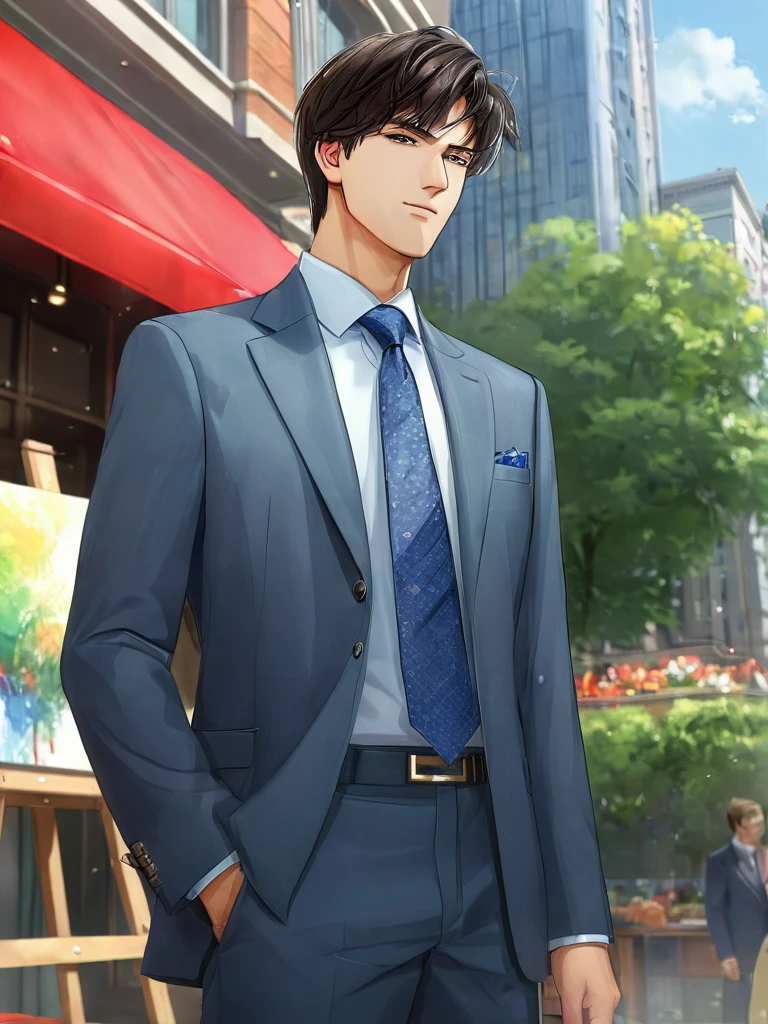 1boy, (full body,:1.2) ,outdoor, standing,
looking at the viewer,
male focus, necktie, solo, jacket, shirt ,
Lavish background decoration,
,ultra quality, (digital painting,:1.2) , cartoon, highly detailed,
, <lora:Boy_V4-000014:0.7>