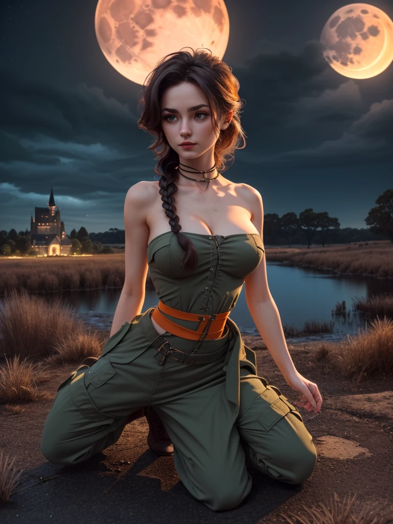 ((Medium shot:1.5))), photo of a 30 years old, naked (Heart ) (A stormy sky looming over a sprawling village, moonlight,midnight, dark, )))), ((tiny waist, medium hips, gigantic pointy breasts:1.5)),(legs apart),( very long:1.5 (rainbow))(Classic chignon) ) wearing (metallic silver ) (tunic)(3D:1.3)