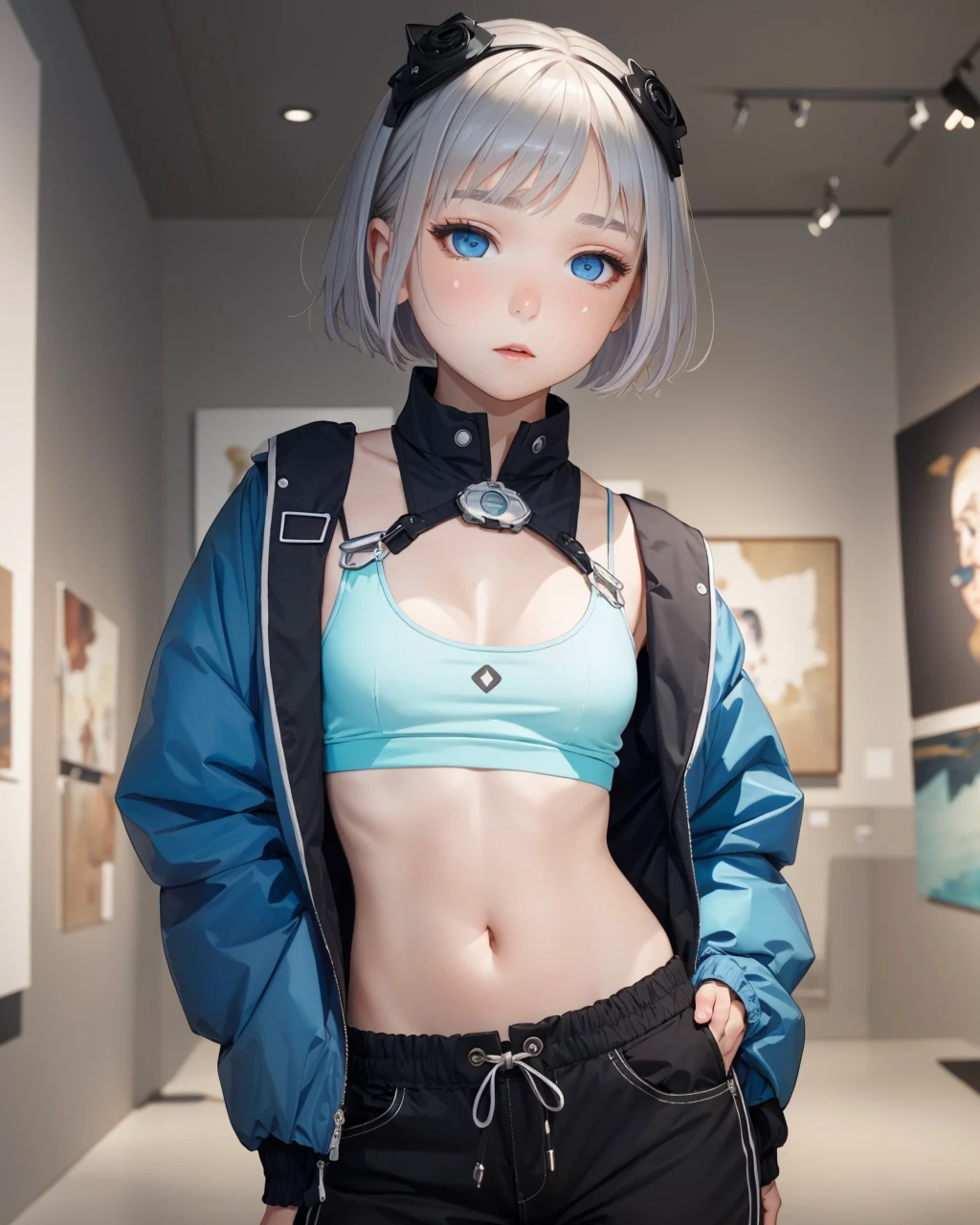 best quality,masterpiece,highly detailed,ultra-detailed, <lora:neg4all_bdsqlsz_V3.5:-1>,1girl, <lora:cartoonisationer-21st_ce:1.75>, 1girl, round neck Tank Top Cropped Pants , Pants with a length between long pants and shorts. (Puffer Jacket:1.3),Down or synthetic insulation,Bright colors or classic black Sizeable breasts ,, narrow waist, Pixie Cut with Shaved Patterns - Electric Blue , fantastic details full face, dot nose,detailed Doll-like eyes, turquoise iris, straight eyebrows, pastel blue beautiful Detailed Eyes, lips at Art Gallery - chic and modern, with contemporary artwork and stylish decor.