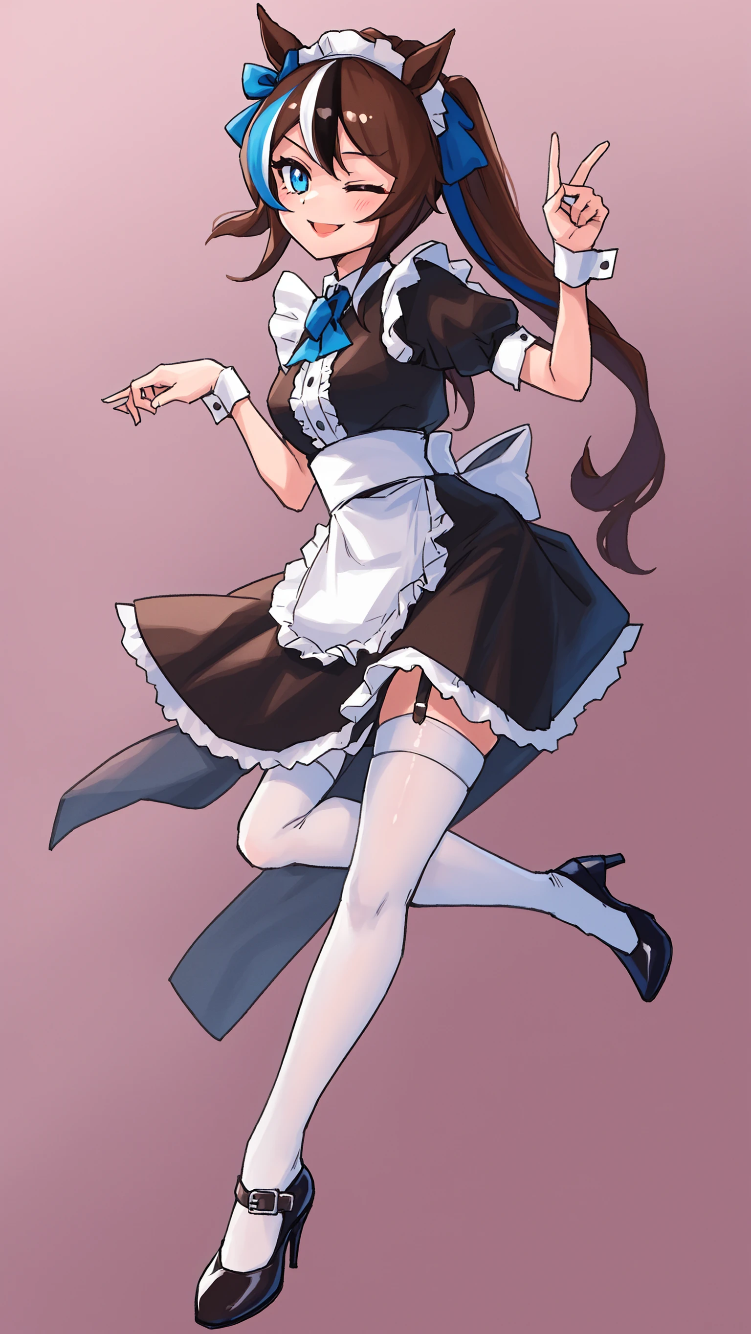 1girl, tokai_teio_(umamusume), maid, solo, smile, one_eye_closed, blue_eyes, long_hair, brown_hair, streaked_hair, horse_ears, horse_tail, wrist_cuffs, maid_apron, maid_headdress, apron, black_skirt, skirt small_breasts, arm_garter, frills, center_frills, high_heels, white_legwear, index_finger_raised, full_body, simple_background,best quality,amazing quality,very aesthetic,absurdres,