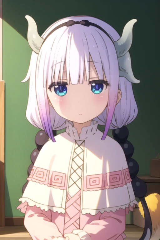 masterpiece, best quality, <lora:SakuraVRC:0.4>, SakuraVRC, 1girl, solo, short hair, red hair, green eyes, embarrassed, closed mouth, knn, dress, capelet, gardient hair, hair beads, hairband, horns, blue eyes, twintails, thighhighs <lora:kannaKobayashiSan_v10:1>