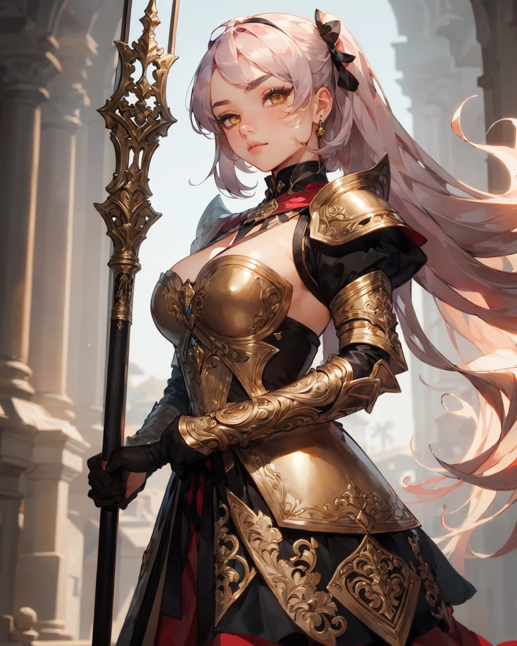 best quality,masterpiece,highly detailed,ultra-detailed, <lora:neg4all_bdsqlsz_V3.5:-1>,1girl, <lora:cartoonisationer-V3-8:1.75>, medieval,1girl,(Parade armor),An armor made of ornate armor used for parades and ceremonies,Average-sized breasts ,, narrow waist, Long Flowing Hair with Bangs - Magenta , fantastic details full face, dot nose,detailed Winged eyes, gold iris, thin eyebrows, golden yellow beautiful Detailed Eyes, lips at (Staffs:1.3), Enchanted rods used by wizards as conduits for their magical abilities,