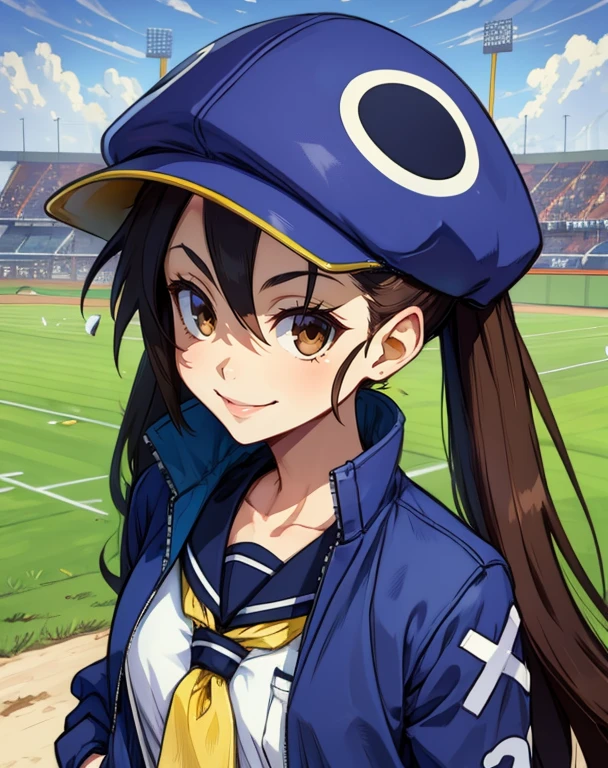 Fuka,brown hair with twintails,brown eyes,smiling,
hands in jacket pockets,
blue headwear,school uniform,open jacket,yellow front-tie top,
standing,upper body,
baseball field,morning,
(insanely detailed, masterpiece, best quality),<lora:Fuka:0.8>,