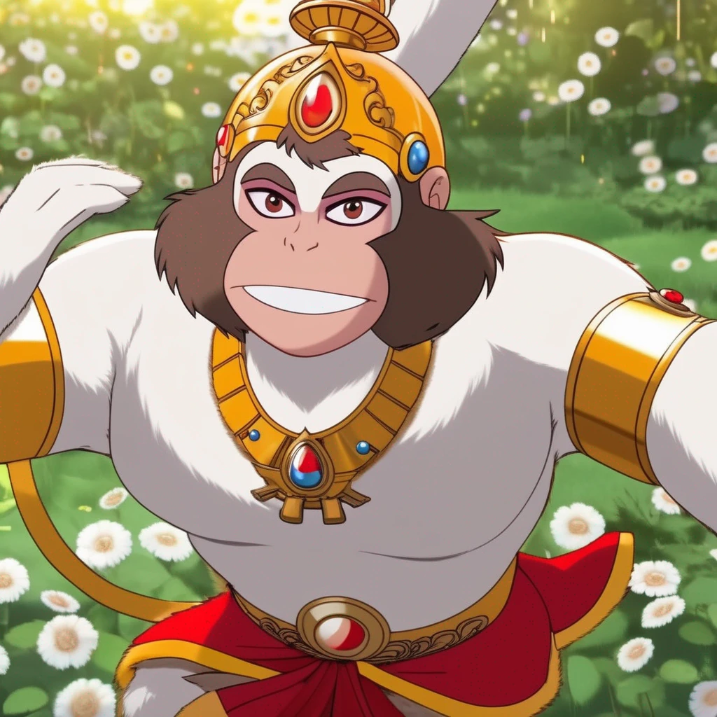 H8NUM8N, anime style, full body, wide angle, brown hair with smile, golden crown, monkey face, (happy:1.5), white furry body, red cloth, bloom, ambient occlusion, sun, beautiful detailed eyes, masterpiece, glowing flowers behind, light particles, bokeh, depth of field, 8k, highly detailed