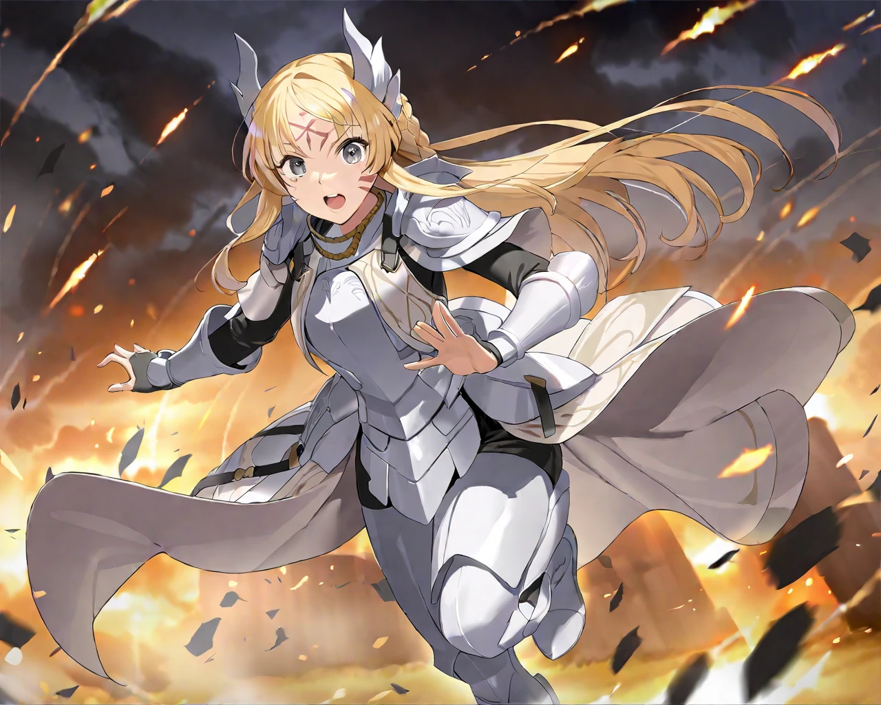 <lora:EcclesiaLoraXL:0.7>,(1girl:1.2),(solo:1.2),masterpiece,best quality,nice hands,perfect hands,long hair,surprised expression,full body,blonde hair,armor,grey eyes,facial mark,battle field background,running toward viewer,