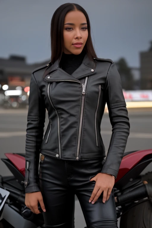 cinematic film still a photo of Lia.Lin, high cheekbones,  motorcycle outfit, looking at viewer, standing in front of motorcyle, <lora:LiaLin:1> . shallow depth of field, vignette, highly detailed, high budget, bokeh, cinemascope, moody, epic, gorgeous, film grain, grainy