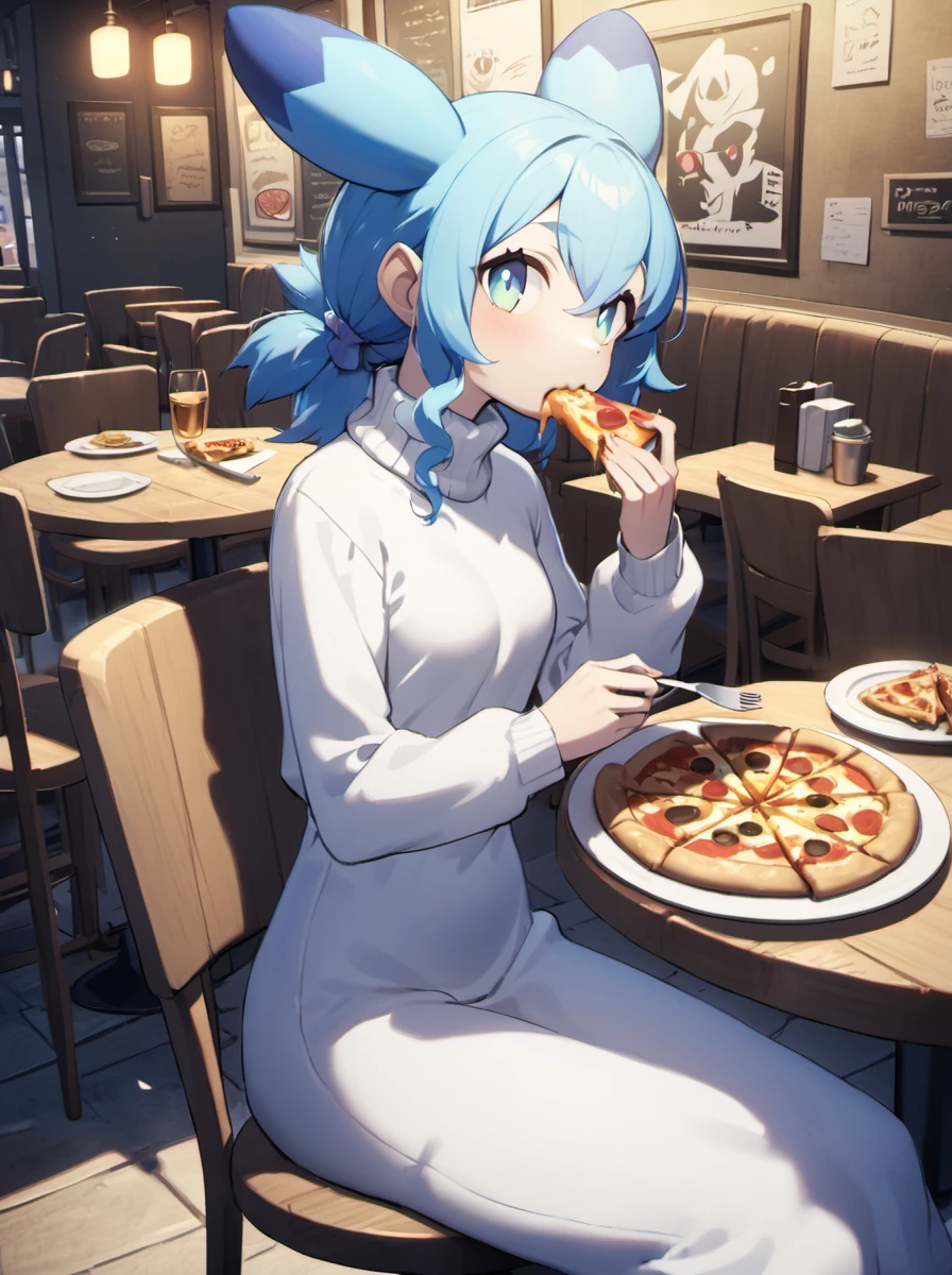 palowrld-chillet, pokemon,
flower, (furry female:0.5),
white shirt, long sleeves, turtleneck, sitting, looking at viewer, eating, pizza, plate, fork, knife, table, chair, table, restaurant, cinematic angle, <lora:palworld_chillet_xl_lora_v3-000008:0.8>