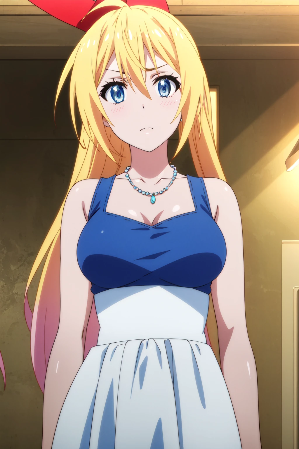 <lora:anime_screencap_v2:0.3> tall body, tall, long legs, mature female, mature, adult, <lora:GoodHands-beta2:1.4>
<lora:eft_nisekoi_chitoge-02:1>, eft_nisekoi_chitoge, 1girl, solo, blonde hair, blue eyes, long hair, jewelry, necklace, dress, looking at viewer, ribbon, upper body, hair between eyes, hair ribbon, collarbone, red ribbon, ponytail, breasts