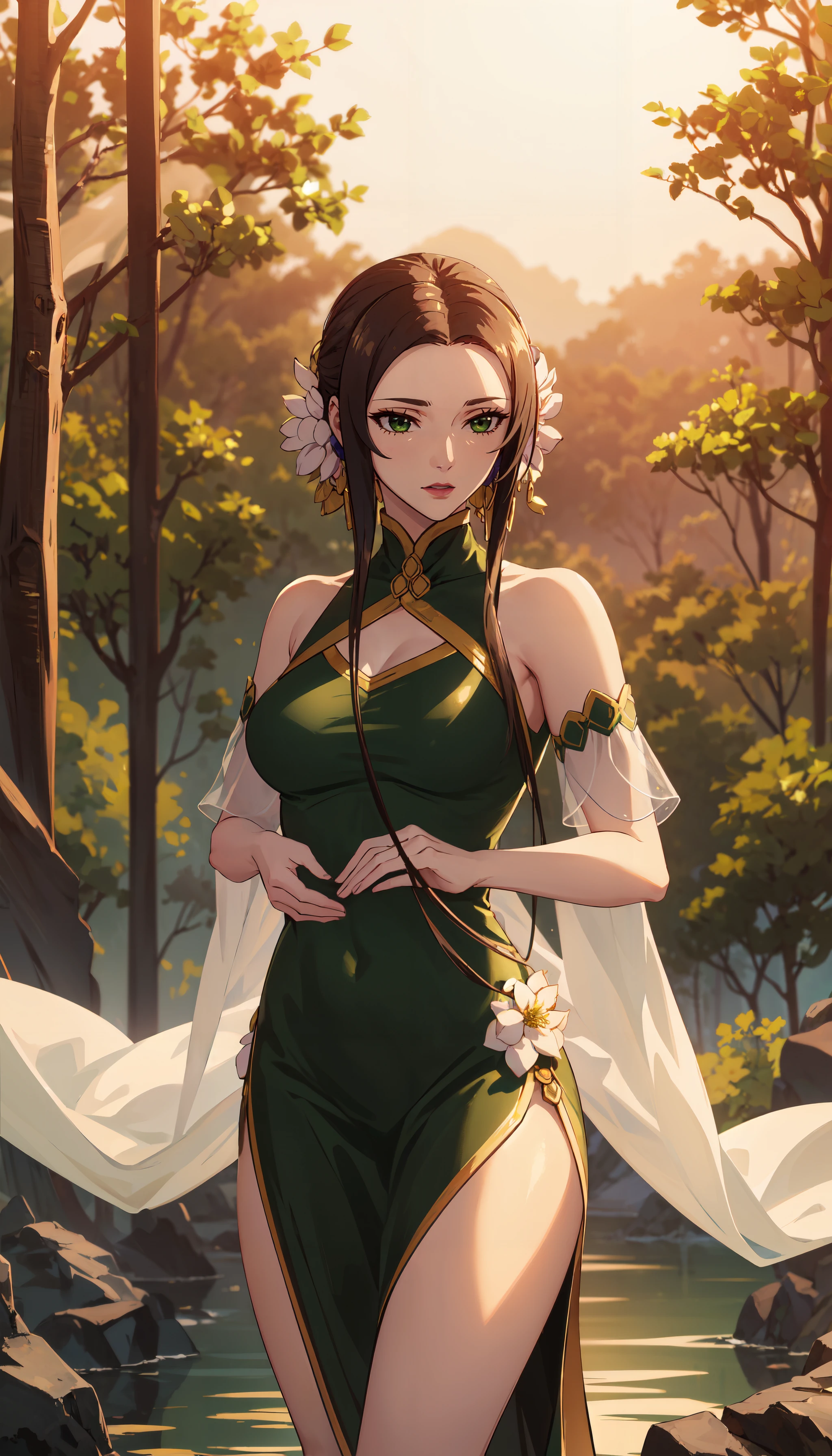 A young woman sits gracefully in a dense forest, surrounded by towering trees and a lush, green undergrowth. She wears a long, flowing dress in a shade of green that blends seamlessly with her natural surroundings. Her long, dark hair cascades over her shoulders, adorned with a delicate crown made of intertwined branches, leaves, and small flowers. The expression on her face is serene, almost contemplative, as she gazes off into the distance. The forest around her is alive with vibrant shades of green, and the atmosphere is one of quiet, untouched beauty. The roots of the trees form a natural seat for her, adding to the organic, harmonious feel of the scene. The light filtering through the canopy casts a soft, diffused glow, enhancing the ethereal quality of the image.