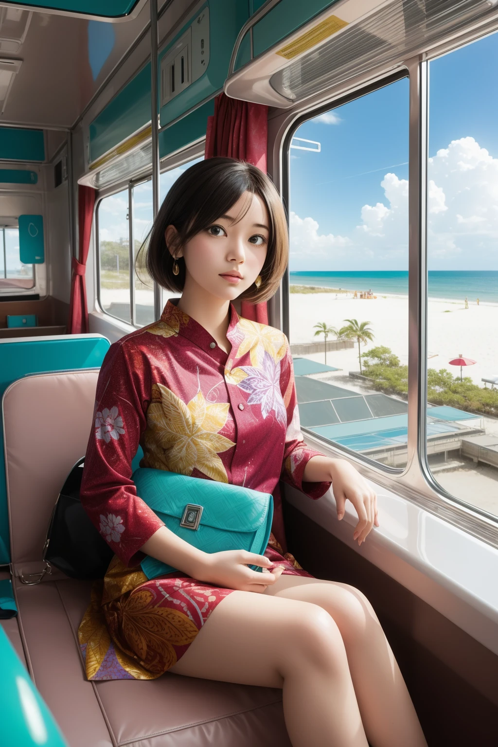 1girl, (stylized by Arthur Tress:1.0) and (Lucio Fontana:1.2) and (Kunio Okawara:1.2) , surrealism art, grand, elegant, (Azure theme:0.7) , Long exposure of a Drab Exotic White and Forest Green New Wave ([Purse|Train]:1.3) , it is made from Nickel, it is in a Videogame setting, spring background, desolate beach and Heliosheath in background, at Dusk, tilt shift, Graphic novel, Awe, Magewave, Indirect light, F/1.8, Colorful, Maroon splash, Batik, Concept Art World, beautiful