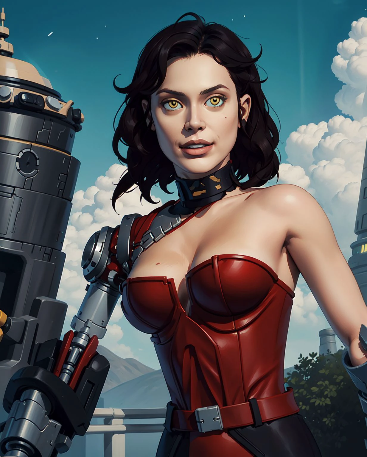(masterpiece, best quality, high resolution:1.3), <lora:HandFineTuning:0.1>,   <lora:ard3nSW10:0.8> ard3nSW, (yellow eyes:1.1), single bionic arm, choker, red bustier, upper body, looking at viewer, friendly smile, star wars, cloud city