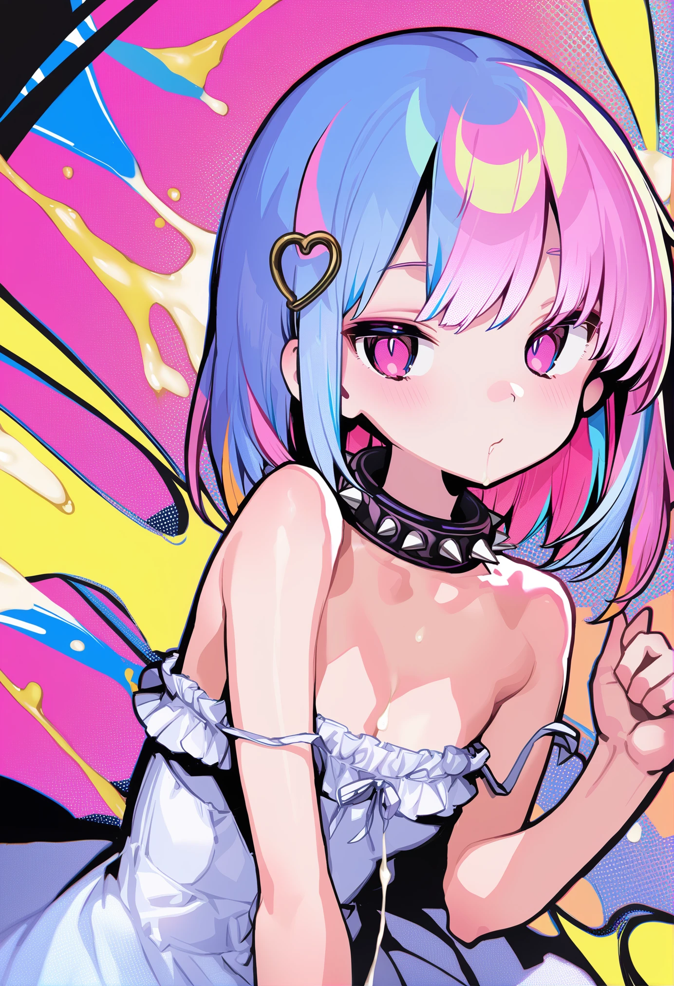 pubic tattoo、vibrator、heart pasties 、skinny body、sweat、two side up 、small breasts、naughty face