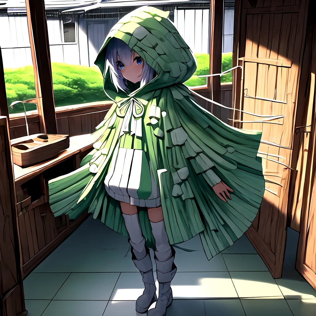 Create an anime image of a young anime girl. Her hair, eyes and skin should be light grey. She is wearing a white thick baggy long armored hooded robe with white ribbon, scarf and long boots.
Her all outfits and background should be highly detailed, delicate, messy, mix up, cluttered, jumbled, elaborate, exquisite and complicated.
1girl, solo, (hood up:1.5), <lora:negidarake_v1:1>, negidarake, (green:1.5)