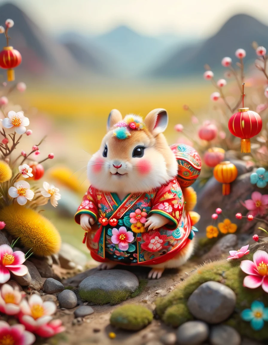 tilt-shift photo of . selective focus, miniature effect, blurred background, highly detailed, vibrant, perspective control, natural Tilt Shot (Whimsically artistic) , adorable extra (fluffy: 1.3) chubby miniature pika wearing an ral-springfestival outfit, dry grassland, tiny rocks, magical, macro photography, (enchanting:1.3), (luminous:1.2), (oversized flora:1.1), mystical, vibrant photography, shimmering light, dreamy, whimsical, serene, soft-focus, hyper-detailed digital art, ral-springfestival <lora:ral-springfestival:1>
