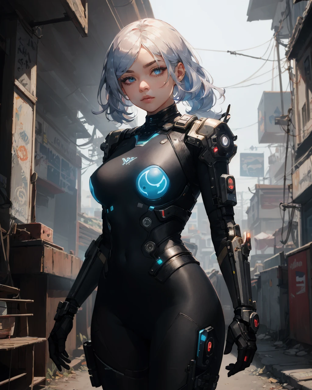 best quality,masterpiece,highly detailed,ultra-detailed, <lora:neg4all_bdsqlsz_V3.5:-1>,1girl, <lora:cartoonisationer-V3-8:1.75>, 1girl, A cyborg adorned in an exoskeleton with an ethereal, bioluminescent glow. The synthetic skin seamlessly blends with the bioluminescent components, creating a visually captivating and otherworldly appearance. The clothing is composed of adaptive, light-emitting materials with a soft glow, contributing to a dreamlike and futuristic ensemble. The hair is styled with bioluminescent strands, adding to the overall enchanting and cybernetic aesthetic. mechanical arms, mecha musume, impossible clothes, mechanical parts, gameplay mechanics, Vast breasts ,, narrow waist, Dreadlocks with Embedded LEDs - Metallic Gold , fantastic details full face, dot nose,detailed Mystical eyes, indigo iris, straight eyebrows, navy blue beautiful Detailed Eyes, lips at in Cyberpunk 2077 ,The Nomad camp, a location outside the city limits where the Nomad clan operates. It's a place where people can live off the land and away from the hustle and bustle of the city. , extremely detailed eyes, fantastic details full face