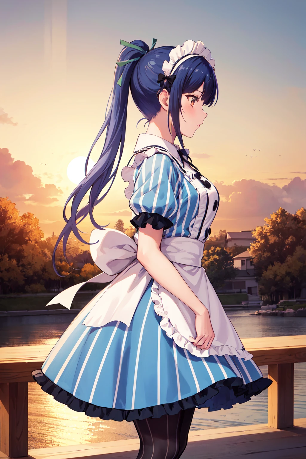masterpiece, best quality, highres, 1girl, solo, long hair, blue hair, ponytail, hair ribbon, maid headdress, brown eyes, neck ribbon, frills, vertical stripes, blue dress, short sleeves, apron, black pantyhose, <lora:tsuruga_ami_v1:0.7>, from side, sunset, standing, outdoors
