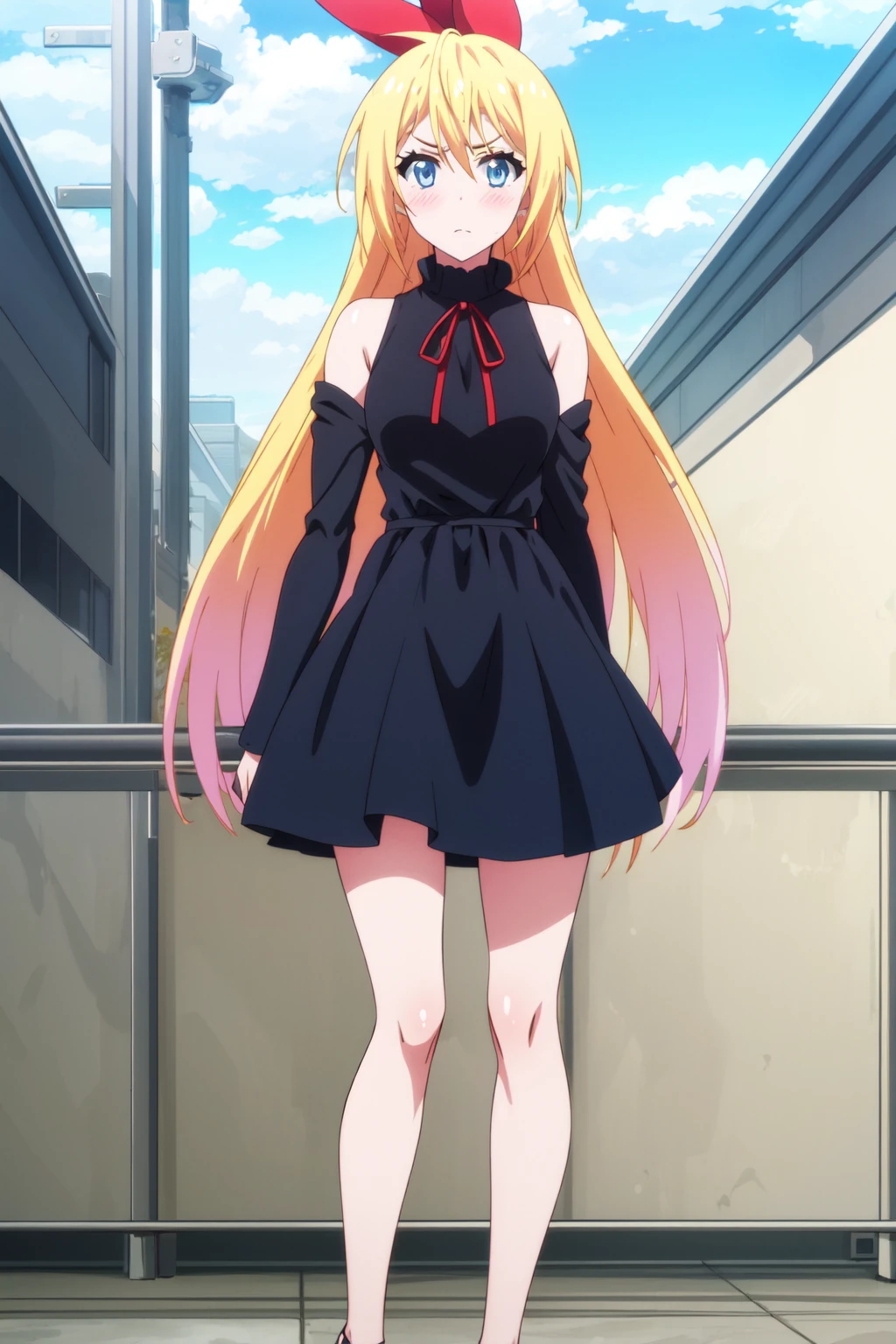 <lora:anime_screencap_v2:0.3> tall body, tall, long legs, mature female, mature, adult, <lora:GoodHands-beta2:1.4>
 <lora:eft_nisekoi_chitoge-02:1>, eft_nisekoi_chitoge, 1girl, long hair, blonde hair, blue eyes, blush, solo, ribbon, hair ribbon, looking at viewer, sky, red ribbon