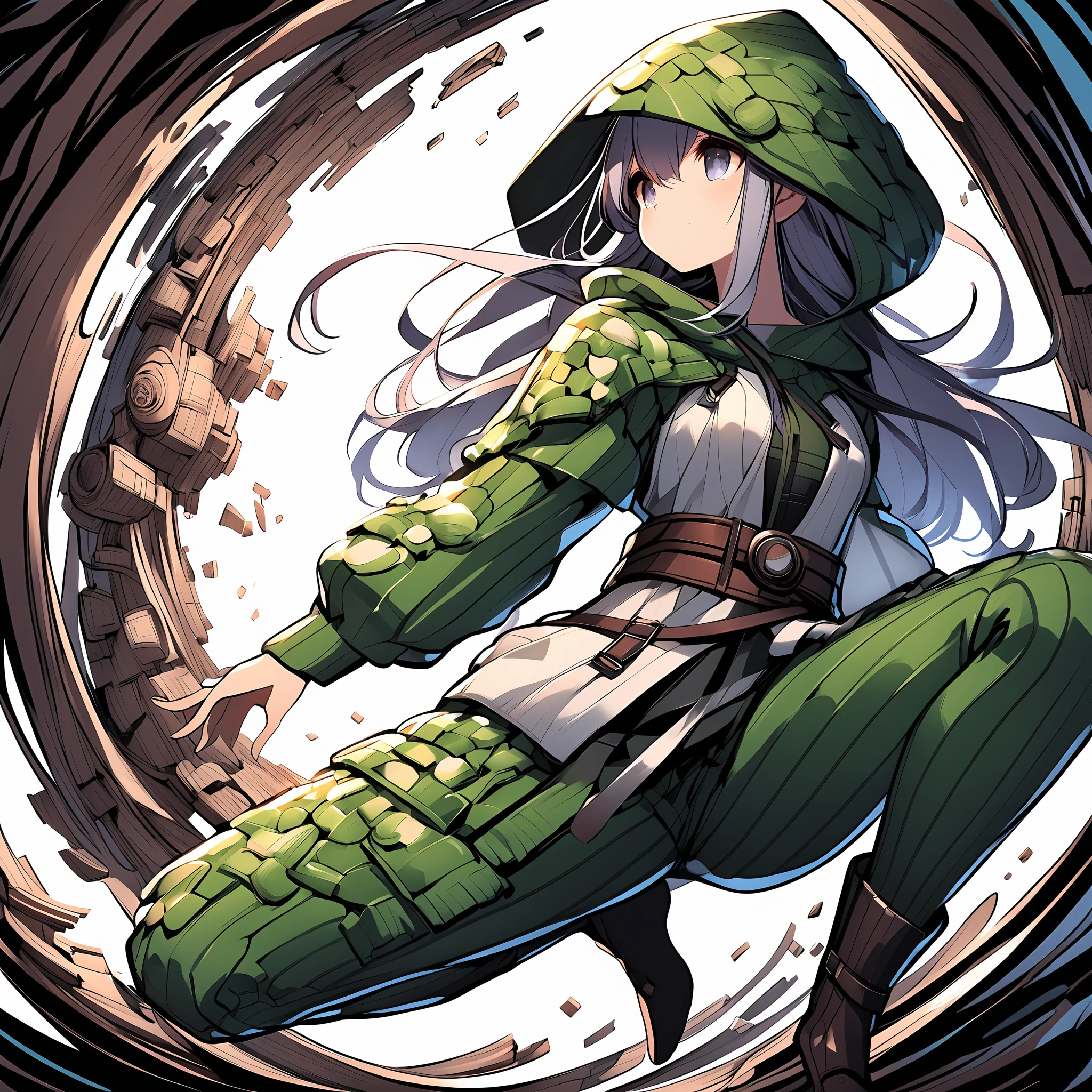 Create an anime image of a young anime girl. Her hair, eyes and skin should be light grey. She is wearing a white thick baggy long armored hooded robe with white ribbon, scarf and long boots.
Her all outfits and background should be highly detailed, delicate, messy, mix up, cluttered, jumbled, elaborate, exquisite and complicated.
1girl, solo, (hood up:1.5), <lora:negidarake_xl_v1:1>, negidarake, (dynamic pose:1.5), (dynamic angle:1.5)