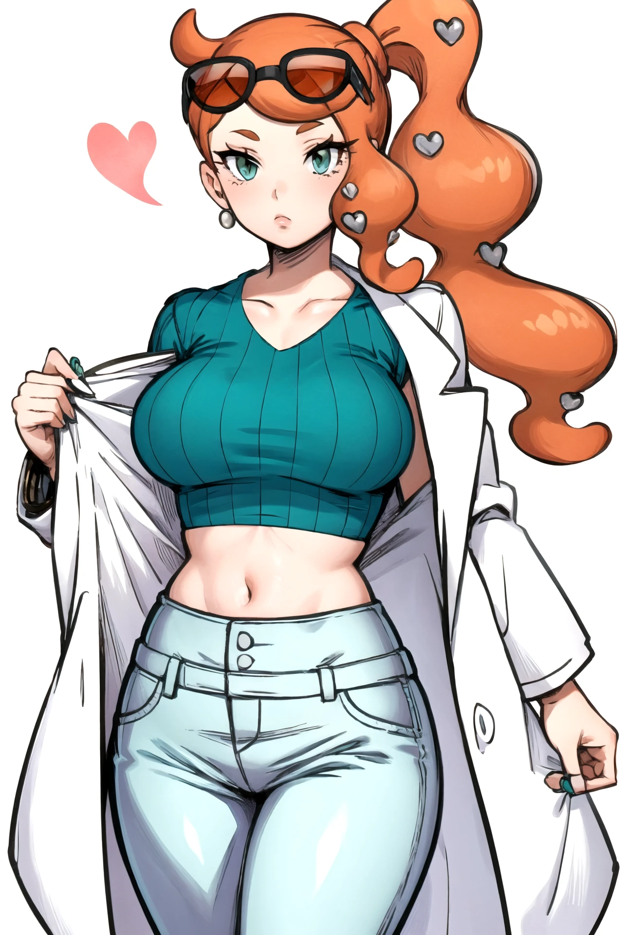 1girl, solo, large breasts, Sonia \(pokemon\), sunglasses, heart hair ornament, labcoat, green shirt, crop top, pants simple background, white background, <lora:PokeSonia:1>