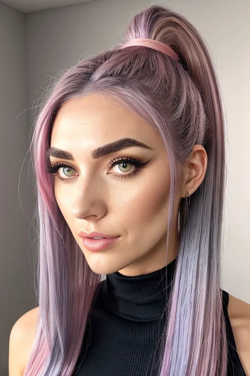 1girl, solo, ((light grey eyes)), ((two-toned hair:1.4), (gradient hair:1.2) (blue hair) fading to (pink hair), ((ponytail))), (bright, clear eyes), (enhanced eyelashes), (mascara:1.25), (bold brown eyebrows:1.12), (eyeliner:1.26), (smokey eyeshadow:1.35), (blush:1.23), (bright red lips:1.4), (lipgloss:1.3), ((lush lips)), (prominent cheekbones:1.3), (large breasts:1.7), ((realistic nipples)), ((soft, smooth skin)), (aroused:1.73), (half grin:1.3), (((wearing jeans, oversized t-shirt))), walking by boardwalk shops, beach boardwalk, (sunset:1.65), depth of field, bokeh, perfect illumination, best rendering, perfect lighting, ultra realistic, realism, 4K, high definition, hyper resolution, (high camera angle:1.4)