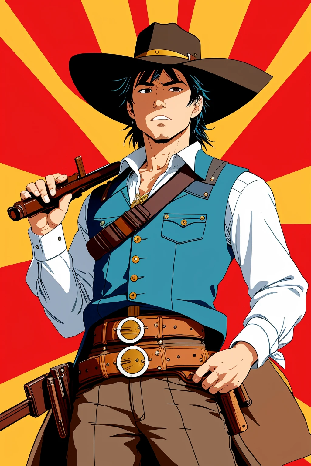Wild west gunslinger, male, wild west sheriff , portrait, clear details, crisp quality, drawn in the style of tite kubo, anime, flat colour, cell shaded, studio ghibli, akira toriyama, james gilleard, genshin impact, trending pixiv fanbox, acrylic palette knife, 4k, vibrant colors