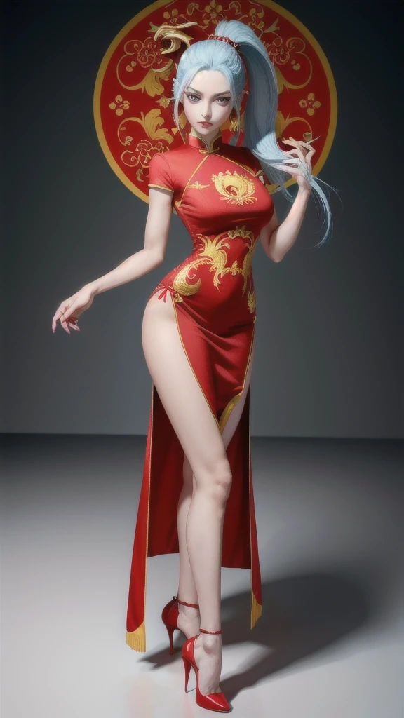 (16k cg wallpaper, 16k ultra hd, 8k cg wallpaper, 8k ultra hd, photograpic), (low ponytail hair, light blue hair, long hair), (green eyes, green iris, black pupil, white sclera, symmetrical eyes), (perfect face, symmetrical face), (wide hips, thin waist, six pack, 175cm tall, 55kg weight, symmetrical body, well proportioned body), (medium sized boobs, symmetrical boobs), ((red and yellow, dragon design chinease dress) and (red, high heels)),