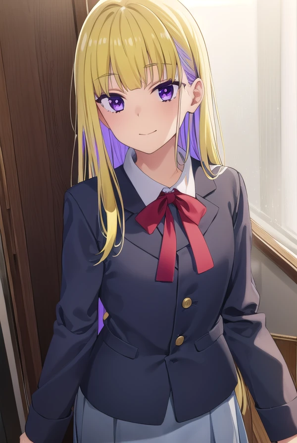 reimiitsushiro, <lora:reimi itsushiro s1-lora-nochekaiser:1>,
reimi itsushiro, long hair, bangs, blonde hair, (purple eyes:1.1), purple hair, ahoge, multicolored hair, blunt bangs, two-tone hair, smile,
BREAK skirt, shirt, long sleeves, ribbon, school uniform, pantyhose, neck ribbon, grey shirt,
BREAK indoors, classroom,
BREAK looking at viewer, (cowboy shot:1.5),
BREAK <lyco:GoodHands-beta2:1>, (masterpiece:1.2), best quality, high resolution, unity 8k wallpaper, (illustration:0.8), (beautiful detailed eyes:1.6), extremely detailed face, perfect lighting, extremely detailed CG, (perfect hands, perfect anatomy),