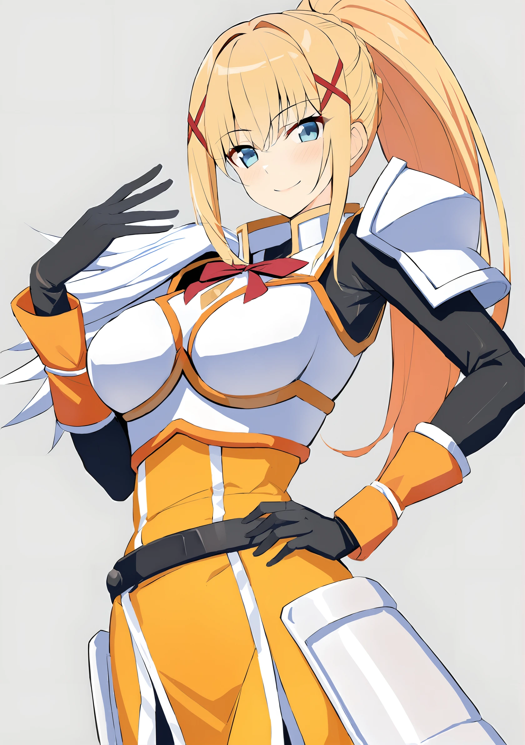 orange heart, 1girl, solo, breasts, twintails, orange hair, long hair, blue eyes, looking at viewer, power symbol, symbol-shaped pupils, bare shoulders, blush, smile, open mouth, gloves, medium breasts, elbow gloves, leotard, white gloves, dynamic pose, (outdoors), <lora:OrangeHeart:0.7>