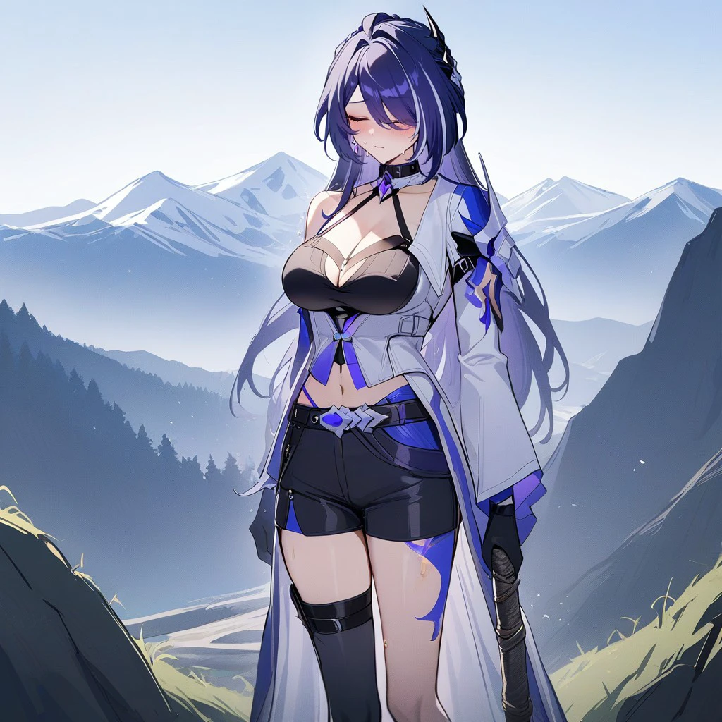 1girl, solo, acheron, outfit, newest, mountain, hiking, struggling, closed eyes, masterpiece, best quality <lora:Acheron-000021:0.9>