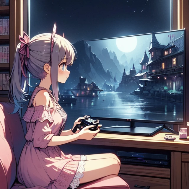 (((masterpiece))), (((best quality))), (((from side))), (((playing videogame))), ((RPG game interface on TV)), manga bookcase, playstation, solo, 1girl, ((sitting on sofa)), cleavage, big tits, ribbon, brown updo, pink lace dress, frown, shy, blush, petite figure proportion, wooden floor, CD, dolls, table, poster, ((window)), (((night view))), <lora:girllikevideogame:1>