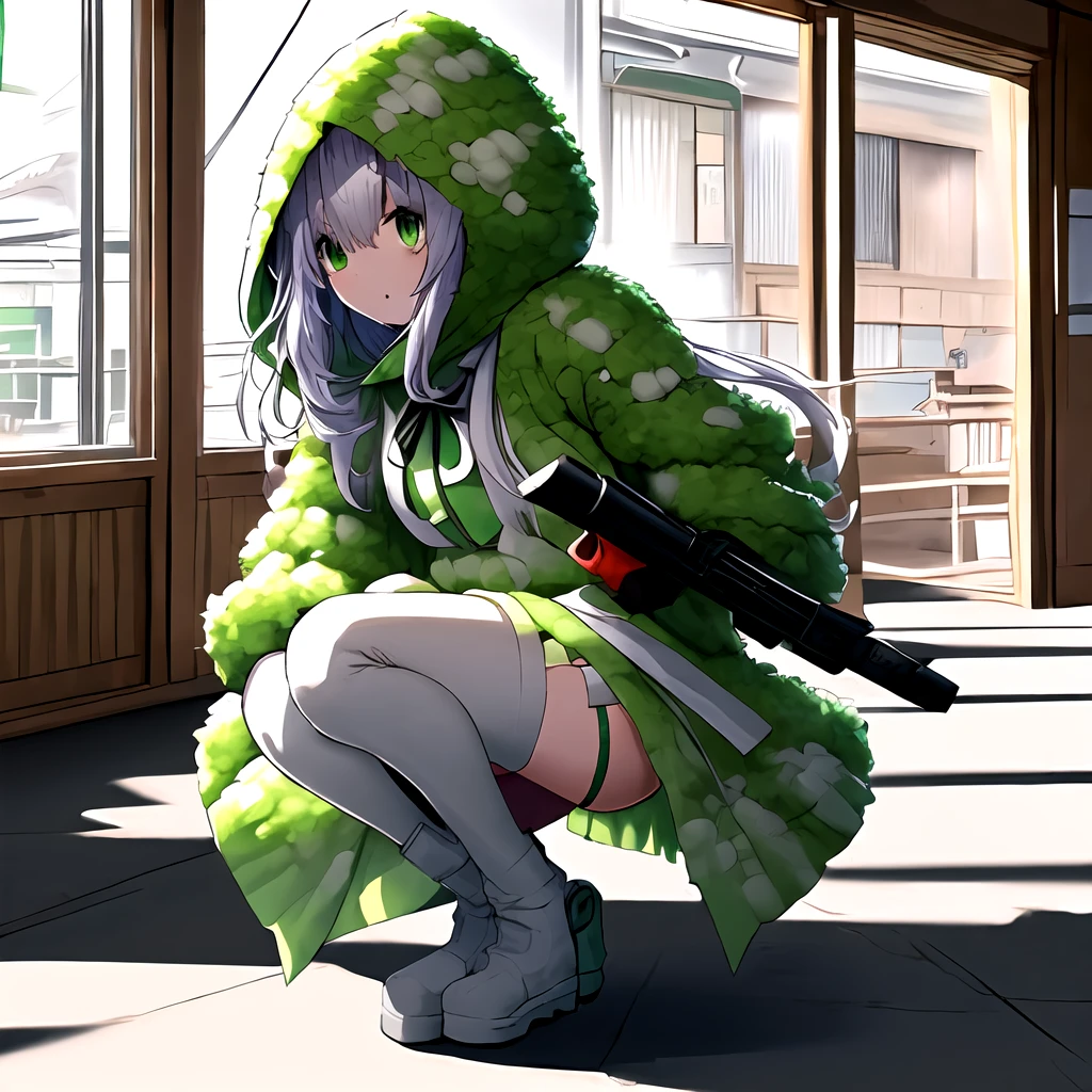 Create an anime image of a young anime girl. Her hair, eyes and skin should be light grey. She is wearing a white thick baggy long armored hooded robe with white ribbon, scarf and long boots.
Her all outfits and background should be highly detailed, delicate, messy, mix up, cluttered, jumbled, elaborate, exquisite and complicated.
1girl, solo, (hood up:1.5), <lora:negidarake_v1:1>, negidarake, (holding gun:1.5), (green:1.5)