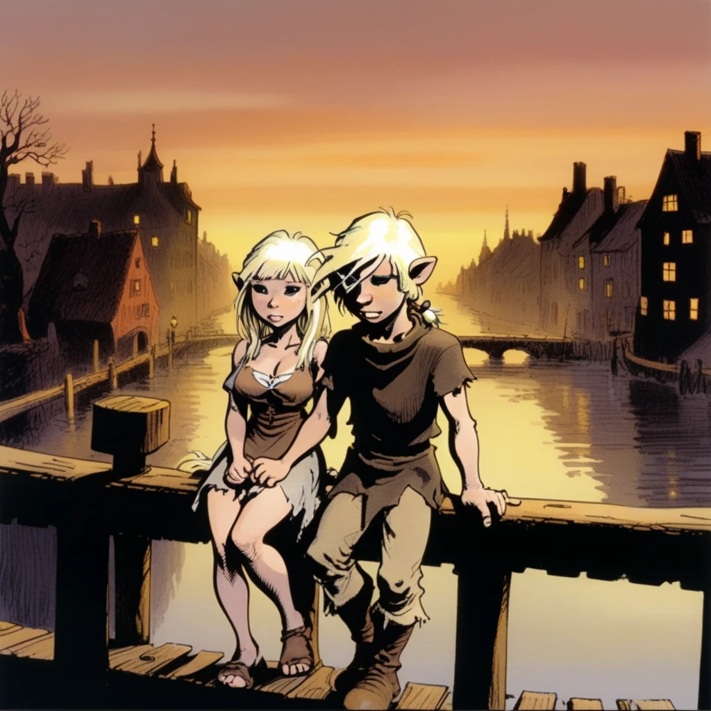 szninkiel Gwel girl and Jon boy on the bridge at sunset, cartoon <lora:szninkiel:0.8>