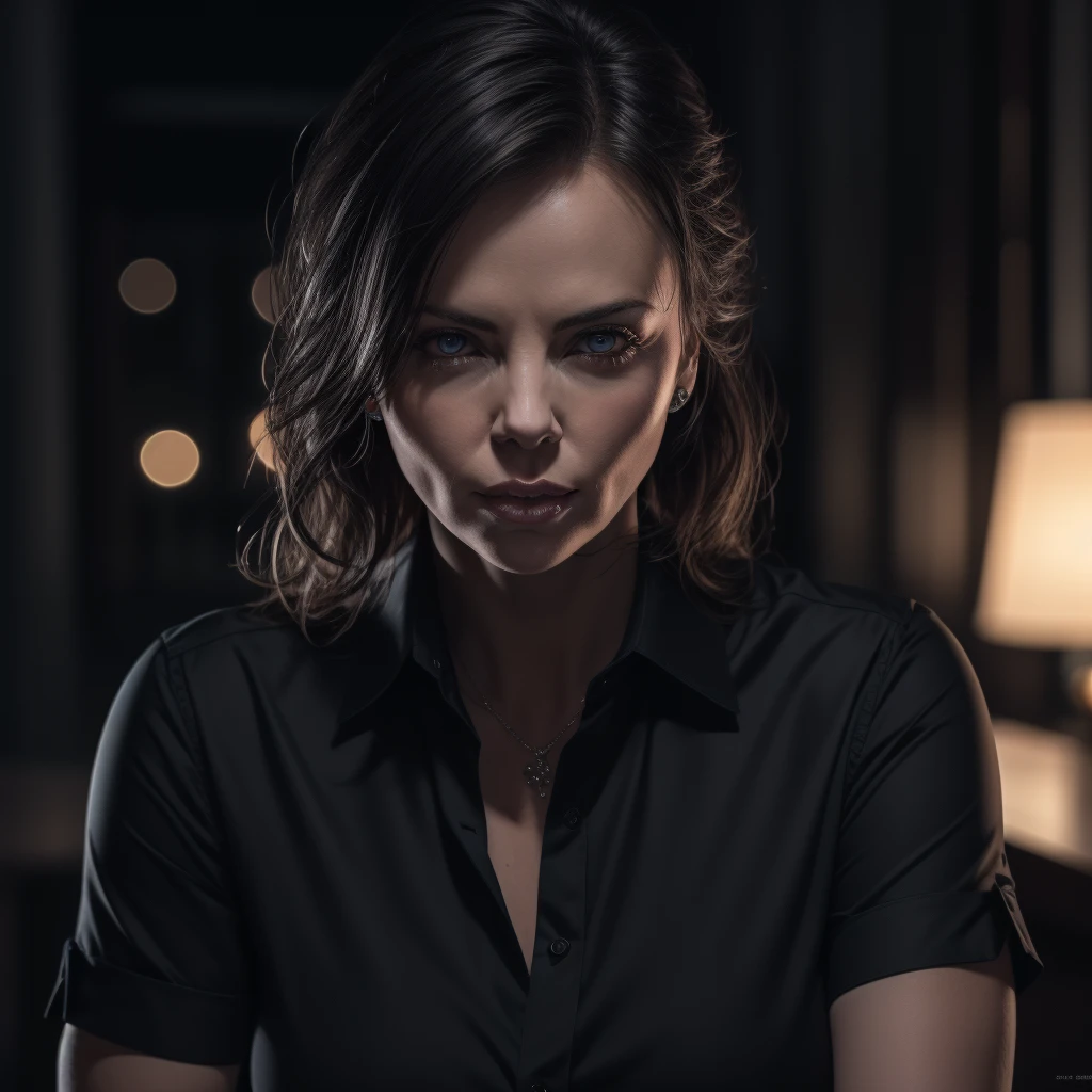 Best_QualityPos, RAW photo, intricate details, best quality, 8k uhd, soft lighting, 1girl, solo, charlize theron, black collared shirt <lora:Charlize_Theron:0.3> <lora:LowRA:0.6>