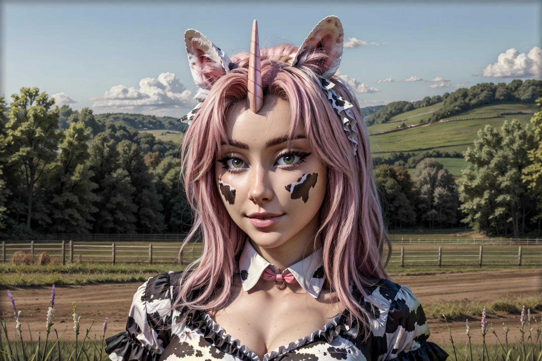 (not_furry:1.3), (human_focus:1.2), (close-up:1.2), female, bimbofication, (girly:1.2), unicorn_horn, dog_ears, animal_ears, small_breasts, (lolita_\(fashion\):1), (frilly:1.1), lace, (cow_print:1.2), farm, outside, (fantasy:1.3), (magic:_the_gathering:1), official_art, realistic, (digital_painting_\(artwork\):1.1), masterpiece, <lora:dogcore:0.5>