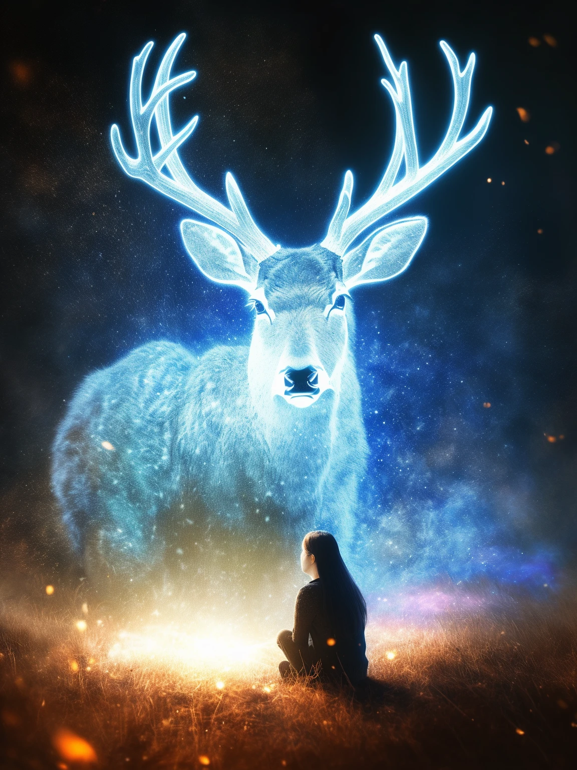 masterpiece, high quality, a girl sitting by herself in front of a big deer, guardian, blue light, Flash Particles