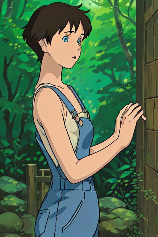 annasasaki, brown hair, blue eyes, ghibli, bra top, overalls, side profile, short hair, crew cut, butch haircut