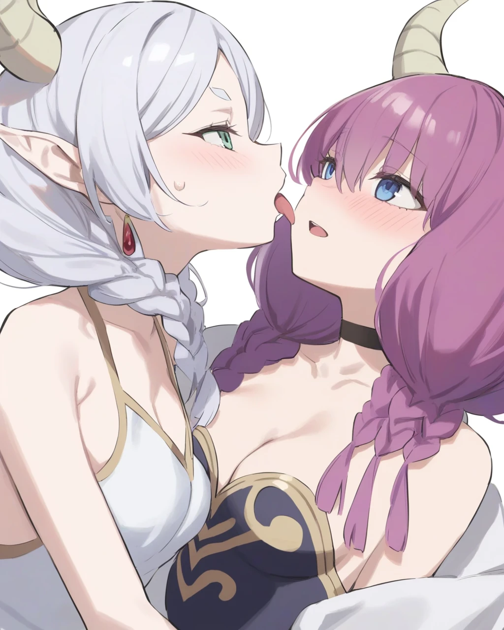 masterpiece,best quality,<lora:fulilaim_all-000020:1>,2girls, frieren, demon girl, simple background, white background, looking at another, blush, smile, horns, open mouth, parted lips, sweatdrop, tongue, blue eyes, hair between eyes, purple hair, twin braids, medium breasts, cleavage, choker, earrings, aura \(sousou no frieren\), gem, gold trim, highres, sousou no frieren, yakisobaosu, yuri