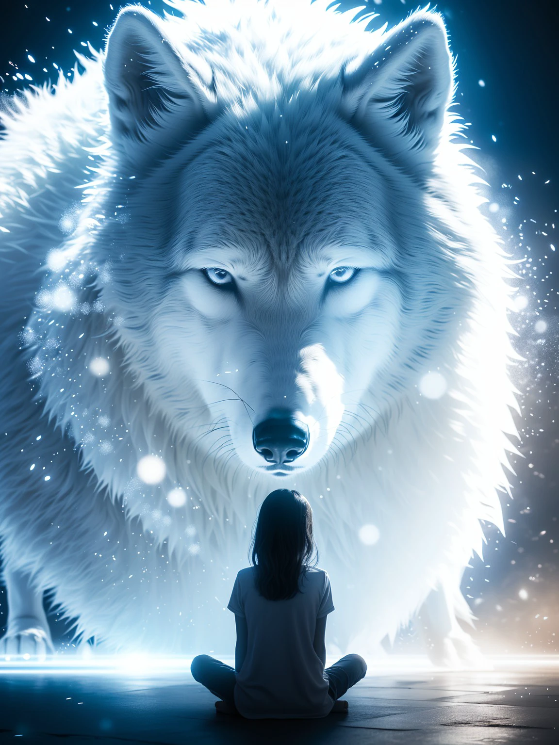 masterpiece, high quality, a girl, sit in front of a big wolf, guardian, blue light, flash particles, <lora:guardian:0.8>