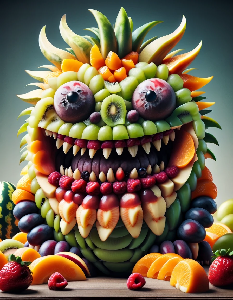 surrealism painting, 16k, extreme detail, fine textures, deep shadows, dark, sharp lines, ("a giant monster ral-fruitsalat with big teeth"), somber colors, strong contrast. hyper realistic. cute cartoon characters. dynamic. action, made out of ral-fruitsalad <lora:ral-fruitsalad-sdxl:1> ral-fruitsalad landscape