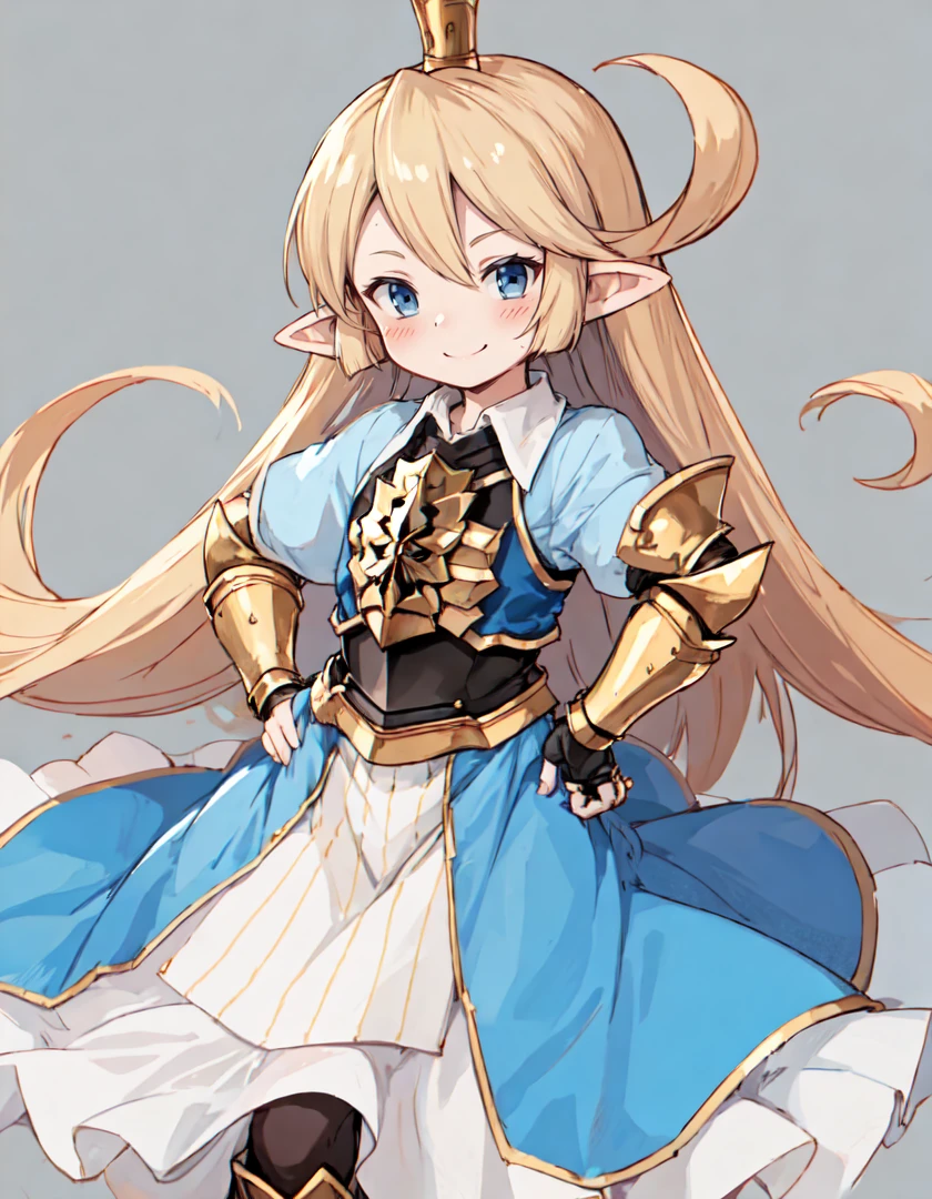 masterpiece, best quality, absurdres, charlotta, 1girl, solo, smile, blush, flat chest,
layered dress, miniskirt, breastplate, gauntlets, 
standing, hand on hip,
simple background,