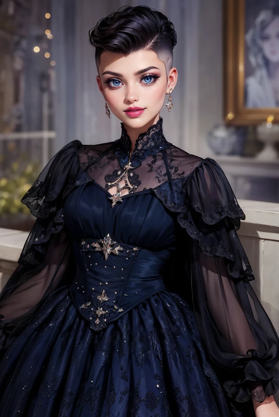 Woman, adult, looking at viewer, (portrait photo:1.3), (Taper Fade with Textured Comb-Over:1.3), b34uty_g0wn_4,long gown, full skirt, sparkles, brooch, lace, puffy underskirt, long sheer sleeves, long cloak, <lora:b34uty_g0wn_4-13:0.65>, best quality, high detail, high quality, high res, 4k,eyeliner, pouty lips, detailed skin texture, (blush:0.5), smiling, moonlight