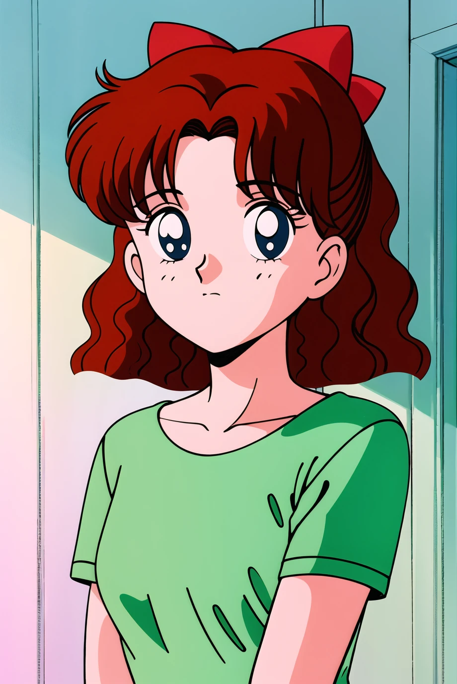 masterpiece,best quality,highres,<lora:Osaka Naru:0.6>,Osaka Naru,1990s \(style\),1girl,solo,retro artstyle,red hair,hair bow,indoors,upper body,shirt,short sleeves,looking at viewer,green shirt,
