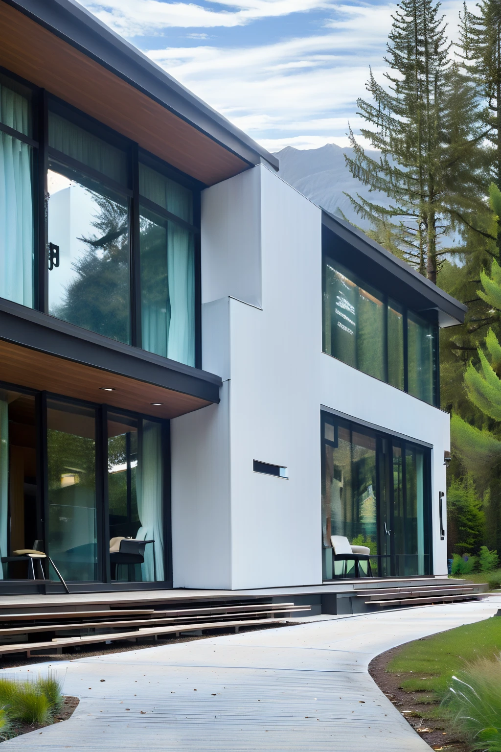 <lora:JJsModern_Style_House:1>, ((Modern Style House)), building,masterpiece , best quality, RAW photo, subject, 8k uhd, dslr, soft lighting, high quality, film grain, Fujifilm XT3, outdoors, sky, day, cloud, tree, blue sky, ground vehicle, building, scenery, road, lamppost, real world location,, door,entrance, beam,column, window,trees, sunlight, public blocks,daytime, mountains, lively city streets, enough detail, high resolution, 8k, HD, super realistic, Photorealistic, highly detailed, door, fense, gate,