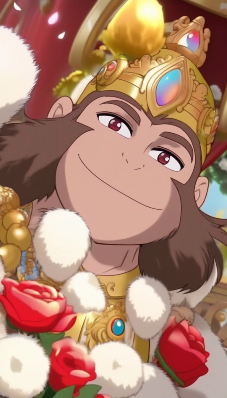 H8NUM8N, anime style, full body, wide angle, brown hair with smile, golden crown, monkey face, (happy:1.5), white furry body, red cloth, bloom, ambient occlusion, sun, beautiful detailed eyes, masterpiece, glowing flowers behind, light particles, bokeh, depth of field, 8k, highly detailed