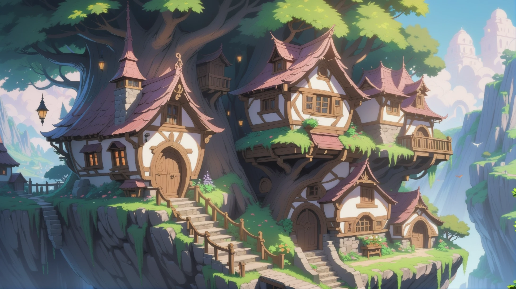 anime style, quaint fantasy village in a Harpy's Cliffside Nest, <lora:EnvyWhimsicalXL01:1.5>