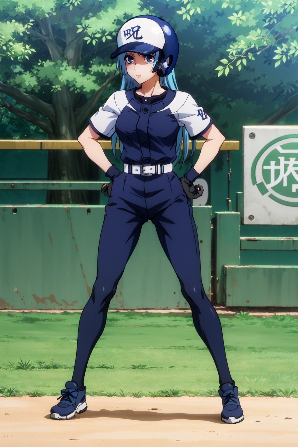 <lora:anime_screencap_v2:0.3> tall body, tall, long legs, mature female, mature, adult, <lora:GoodHands-beta2:1.4>,
<lora:eft_jjk_miwa:1> , eft_jjk_miwa, 1girl, solo, blue hair, long hair, baseball uniform, sportswear, helmet, blue eyes, belt, hat, fence, baseball cap, shirt, bangs