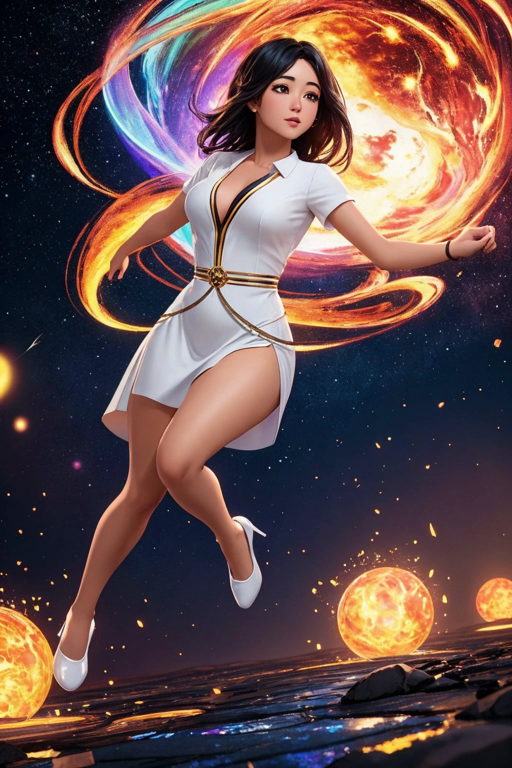 asian woman 25yo, Light brown head, dance, madness, melting into a magical puddle of stars, vibrant colors, highly detailed, digital painting, Style-Gravitymagic, artstation, concept art, smooth, sharp focus, illustration, Unreal Engine 5, 8K,, (masterpiece), (realistic), 8k, RAW photo, very wide shot, octane render, unreal engine, volumetrics dtx, (film grain, bokeh, blurry foreground)