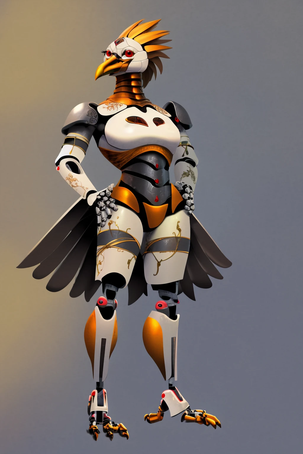 masterpiece, best quality, 1girl, philomela, red eyes, android, avian, gold feathers, anthroid, automaton, clockwork, cyborg, robot, upper body, looking at viewer, solo, outdoors, blue sky, grass, meadow background <lora:PhilomelaSmithwrought:1>