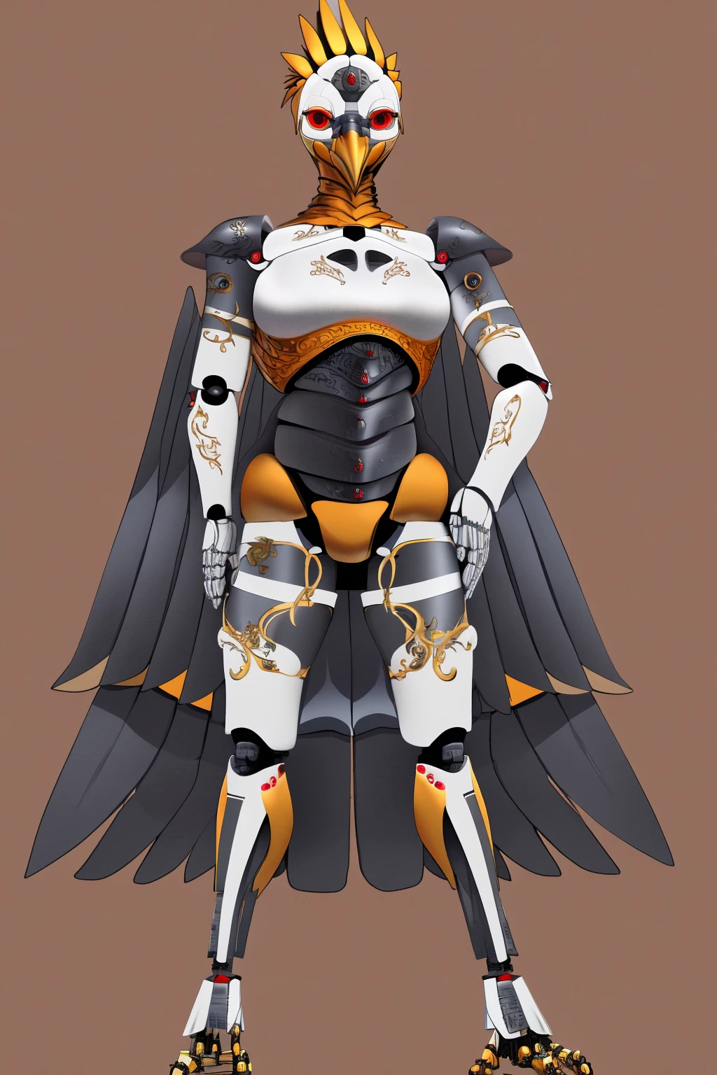 masterpiece, best quality, 1girl, philomela, red eyes, robot, android, anthroid, automaton, avian, clockwork, cyborg, robot, hands on hips, full body, looking at viewer, solo, sketch, simple background  <lora:Philomela_FluffyRock:1>
